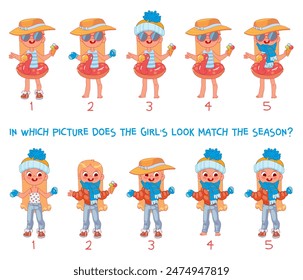 Find mismatch. In which picture does the girls look match the season? Educational game for kids. Funny cartoon character. Worksheet page. Activity book. Vector illustration. Isolated white background