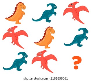 Finden Sie den fehlenden Dinosaurier. Maze für Vorschulkinder. Praktische Fragen Arbeitsblatt für Bildung und IQ Test. Aufgabe der Entwicklung des logischen Denkens, Vektorgrafik