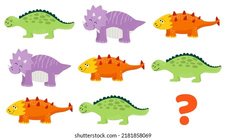Encuentra el dinosaurio que falta. Maze para niños en edad preescolar. Hoja de trabajo de preguntas de práctica para educación y prueba de CI. tarea para el desarrollo del pensamiento lógico