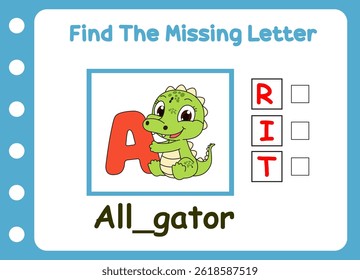 find the missing letter of alligator. cute little alligator sleep  