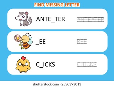 Find the missing letter of animal.Educational page for kids