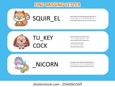 Find the missing letter of animal.Educational page for kids