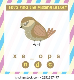 Find the missing letter of animals, worksheet for kids learning animals’ name in English. Educational alphabetic game. Printable worksheet for preschool.  Spelling and writing practise for kids. 