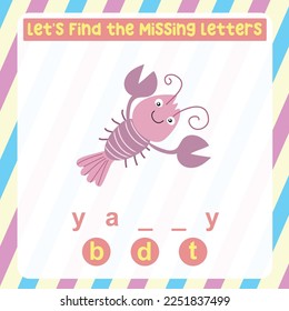 Find the missing letter of animals, worksheet for kids learning animals’ name in English. Educational alphabetic game. Printable worksheet for preschool.  Spelling and writing practise for kids. 