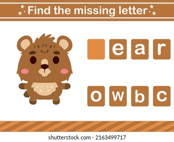 Find the missing letter of animal.suitable for preschool.Educational page for kids
