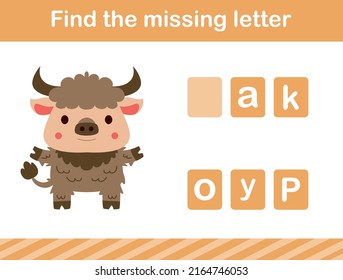 Find the missing letter of animal.suitable for preschool.Educational page for kids