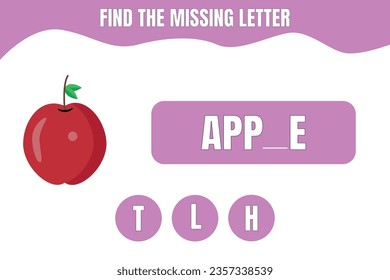 Find the missing letter. Apple vector. Educational game for kids. Worksheet design.