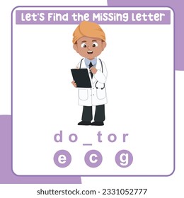 Finden Sie das fehlende Astronautenblatt für Kinder, die Berufe auf Englisch lernen. Erzieherisches Alphabetisches Spiel. Druckbogen für die Vorschule.  Seite zum Schreiben und Schreiben von Übungen für Kinder. 