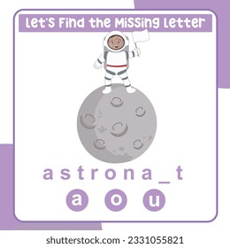 Find the missing letter astronaut worksheet for kids learning professions in English. Educational alphabetic game. Printable worksheet for preschool.  Spelling and writing practise page for children. 