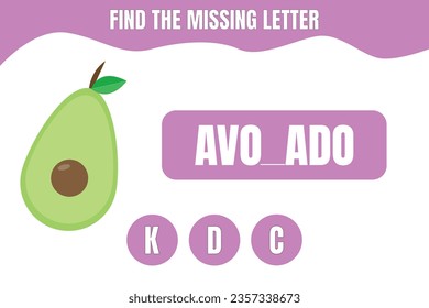 Find the missing letter. Avocado vector. Educational game for kids. Worksheet design.