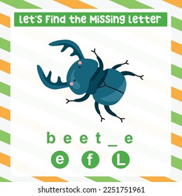 Find the missing letter beetle worksheet for kids learning insects in English. Educational alphabetic game. Printable worksheet for preschool.  Spelling and writing practise page for children. 