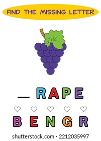 Find missing letter. blue grapes. Educational spelling game for kids.Education puzzle for children find missing letter of cute cartoon apple  printable bug worksheet