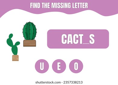 Find the missing letter. Cactus vector. Educational game for kids. Worksheet design.