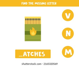 Find Missing Letter. Camping Matches. Educational Spelling Game For Kids.