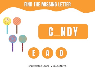 Find the missing letter. Candy vector. Educational game for preschool, kindergarten or elementary students. Printable worksheet design for kids.