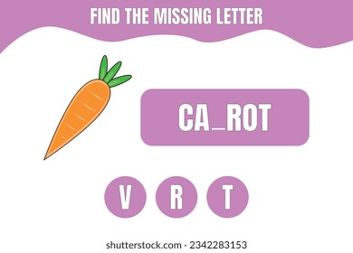Find the missing letter. Carrot vector. Educational game for kids. Worksheet design.