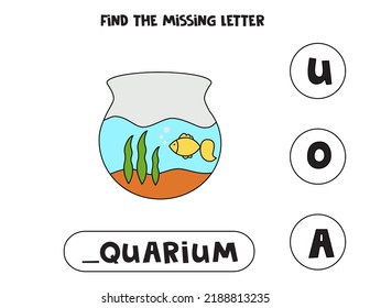 Find missing letter. Cartoon aquarium. Educational spelling game for kids.