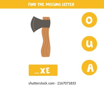 Find missing letter. Cartoon axe. Educational spelling game for kids.