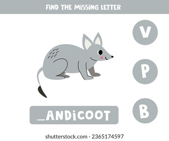 Find missing letter with cartoon bandicoot. Spelling worksheet.