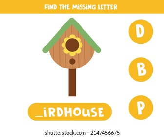 Find missing letter. Cartoon birdhouse. Educational spelling game for kids.