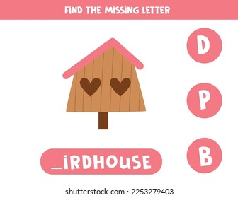 Find missing letter. Cartoon birdhouse. Educational spelling game for kids.