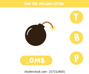 Find missing letter. Cartoon bomb. Educational spelling game for kids.