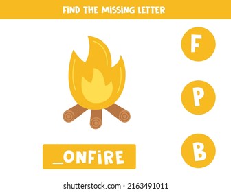 Find missing letter. Cartoon campfire. Educational spelling game for kids.