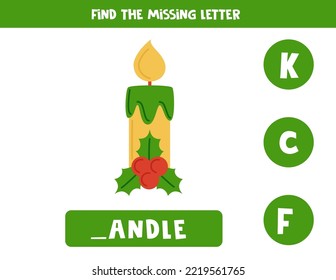 Find missing letter. Cartoon candle. Educational spelling game for kids.