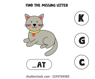 Find missing letter. Cartoon cat. Educational spelling game for kids.