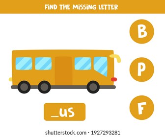 Find missing letter. Cartoon city bus. Educational spelling game for kids.