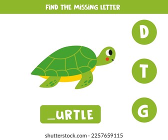 Find missing letter. Cartoon cute turtle. Educational spelling game for kids.