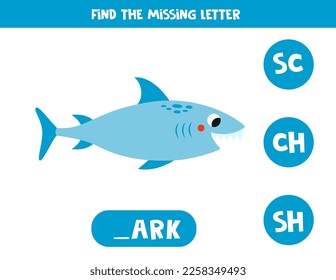 Find missing letter. Cartoon cute shark. Educational spelling game for kids.