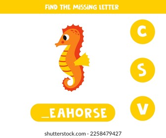 Find missing letter. Cartoon cute seahorse. Educational spelling game for kids.