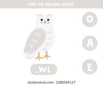 Find missing letter. Cartoon cute snowy owl. Educational spelling game for kids.