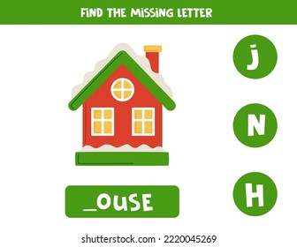 Find missing letter. Cartoon house. Educational spelling game for kids.
