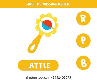 Find missing letter. Cartoon kids rattle. Educational spelling game for kids.