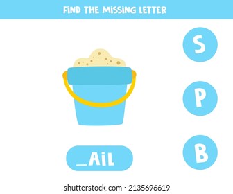 Find missing letter. Cartoon pail. Educational spelling game for kids.
