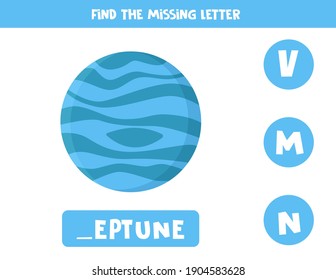 Find missing letter. Cartoon planet Neptune. Educational spelling game for kids.