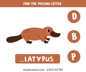 Find missing letter with cartoon platypus. Spelling worksheet.