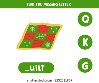 Find missing letter. Cartoon quilt. Educational spelling game for kids.