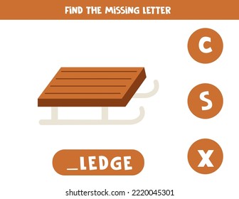 Find missing letter. Cartoon sledge. Educational spelling game for kids.