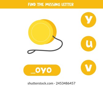 Find missing letter. Cartoon yo yo toy. Educational spelling game for kids.