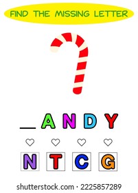 Encontrar la letra que falta. caramelos de navidad. Juego educativo de ortografía para los niños.El rompecabezas educativo para los niños encuentra la falta de letra de la hoja de cálculo de errores de caricaturas lindas imprimibles.