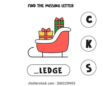 Find missing letter. Christmas sledge. Educational spelling game for kids.