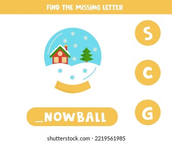 Encontrar la letra que falta. bola de nieve de Navidad. Juego educativo de ortografía para niños.