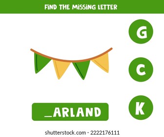 Find missing letter. Colorful garland. Educational spelling game for kids.