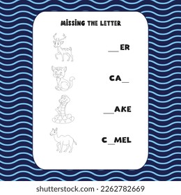 Find the missing letter, coloring page, Animals outline vector
