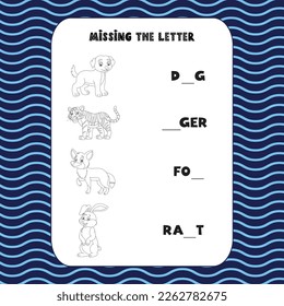 Find the missing letter, coloring page, Animals outline vector