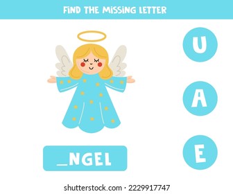 Find missing letter. Cute angel. Educational spelling game for kids.