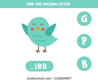 Find missing letter. Cute bird. Educational spelling game for kids.